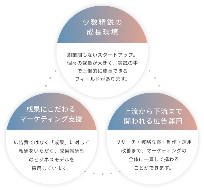 少数精鋭の成長環境|成果にこだわる マーケティング支援|上流から下流まで関われる広告運用
